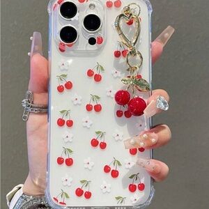 iPhone 16 Pro : Cherry Pattern Phone Case with Charm